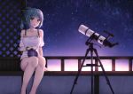  1girl alternate_costume astronomy bare_shoulders barefoot blush bow brown_eyes collarbone grey_hair hair_bow hair_ribbon kantai_collection looking_at_viewer open_mouth ponytail ribbon short_hair sitting sky smile solo star_(sky) starry_sky telescope terras yuubari_(kantai_collection) 