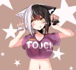  1girl :&gt; :p animal_ears black_hair blush breasts cat_ears cleavage english highres large_breasts midriff multicolored_hair navel original smile star tongue tongue_out twintails two-tone_hair white_hair yellow_eyes 
