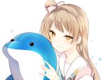  1girl brown_hair long_hair looking_at_viewer love_live!_school_idol_project lp_(hamasa00) maid minami_kotori side_ponytail smile solo stuffed_animal stuffed_dolphin stuffed_toy yellow_eyes 