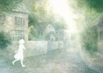  1girl dress haiba_yuri house lamppost muted_color original road running short_hair silhouette solo sunlight town tree wall 