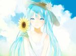  1girl blue_eyes blue_hair clouds flower hat hatsune_miku long_hair lp_(hamasa00) solo sun_hat sunflower twintails vocaloid 