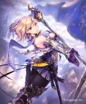  1girl arched_back armor ass belt blonde_hair breasts brooch cleavage flag flagpole from_behind greaves hisakata_souji jewelry looking_back pantyhose parted_lips purple_gloves sheath short_hair skirt solo sword thigh-highs vambraces violet_eyes watermark weapon 