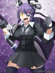  1girl breasts dragonith eyepatch fang fingerless_gloves gloves headgear highres kantai_collection necktie purple_hair sheath sheathed solo sword tenryuu_(kantai_collection) thigh-highs turret weapon zettai_ryouiki 