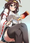  1girl alcohol bare_shoulders boots bottle brown_hair commentary_request crossed_legs cup detached_sleeves double_bun hairband headgear japanese_clothes kantai_collection kongou_(kantai_collection) long_hair no_panties nontraditional_miko skirt smile solo teacup thigh-highs thigh_boots 