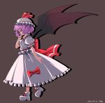  1girl ankle_boots artist_name bat_wings boots colored_eyelashes dated finger_to_mouth grey_background hat hat_ribbon highres mob_cap nogi_(sakanashikatabenai) profile puffy_short_sleeves puffy_sleeves purple_hair red_eyes remilia_scarlet ribbon shoe_ribbon short_hair short_sleeves simple_background skirt skirt_set smile solo touhou walking wings 