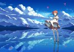  1girl arms_behind_back clouds cross-laced_footwear dress flower hair_flower hair_ornament hoshizora_rin jewelry love_live!_school_idol_project mountain necklace petals redhead reflection sandals short_hair sky solo standing standing_on_water water_droplets white_dress yellow_eyes zhanzheng_zi 