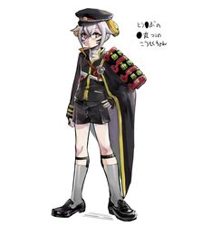  147 1girl armor cape cosplay full_body hair_flaps hat hirome_nishiko hotarumaru hotarumaru_(cosplay) inazuma_eleven_(series) inazuma_eleven_go japanese_armor shoes short_hair shorts simple_background sock_garters socks sode solo standing touken_ranbu white_background yellow_eyes 