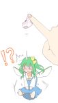  !? 1girl blue_eyes blush bow daiyousei deformed embarrassed fairy_wings green_hair hair_bow hands mickeysmith open_mouth panties panties_removed side_ponytail sweatdrop touhou underwear white_background wings 