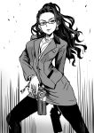  1girl asanagi bayonetta breasts cleavage earrings forehead formal glasses gun holding_gun idolmaster idolmaster_cinderella_girls jewelry long_hair looking_at_viewer monochrome necklace pantyhose ponytail skirt_suit smile solo suit weapon 