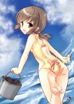 1girl ass barefoot black_hair brown_eyes bucket casual_one-piece_swimsuit chize clam from_behind fubuki_(kantai_collection) kantai_collection one-piece_swimsuit short_hair swimsuit water 