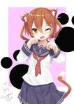  1girl :d anchor_symbol animal_ears blue_skirt brown_hair cat_ears cat_tail dated fang hair_ornament hairclip heart heart-shaped_pupils ikazuchi_(kantai_collection) kantai_collection kyougoku_touya long_sleeves looking_at_viewer neckerchief one_eye_closed open_mouth paw_pose pleated_skirt sailor_collar school_uniform serafuku short_hair skirt smile solo symbol-shaped_pupils tail twitter_username 