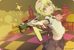  1girl beetle brown_eyes goggles goggles_on_head green_hair gumi hitting open_mouth outstretched_arms piano_(agneschen) school_uniform serafuku short_hair skirt solo spinning spread_arms vocaloid 