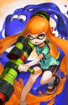  1girl bike_shorts collaboration domino_mask fangs highres inkling ishutani long_hair looking_at_viewer mask naso4 open_mouth orange_eyes orange_hair paint_splatter pointy_ears shoes shoulder_cannon sneakers solo splatoon squid tentacle_hair twintails weapon 