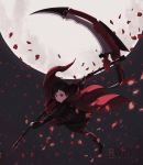  black_dress boots bullet_casing dress frills hooded_cloak kazuoki lace-up_boots moon rose_petals ruby_rose rwby scythe weapon 