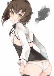  1girl bike_shorts_pull blush brown_eyes brown_hair cole headband headgear kantai_collection looking_at_viewer panties short_hair solo taihou_(kantai_collection) underwear 