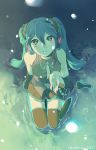  1girl 2012 aqua_eyes aqua_hair blush from_above hatsune_miku long_hair looking_at_viewer necktie open_mouth partially_submerged piano_(agneschen) sitting skirt snow solo thigh-highs twintails very_long_hair vocaloid water 