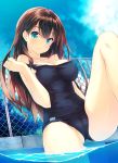  1girl amami_mikihiro bare_shoulders blue_eyes blush breasts brown_hair chain-link_fence clouds feet_in_water fence idolmaster idolmaster_cinderella_girls long_hair looking_at_viewer old_school_swimsuit one-piece_swimsuit poolside school_swimsuit shibuya_rin sky smile soaking_feet solo swimsuit water 