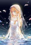  blonde_hair bridal_veil collarbone dress fate/stay_night fate_(series) green_eyes hand_in_hair kinokohime_(mican02rl) long_hair looking_away partially_submerged petals saber veil very_long_hair water white_dress 