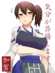  1girl arm_grab breasts brown_eyes brown_hair character_name hakama_skirt holding_arm kaga_(kantai_collection) kantai_collection kukurus large_breasts long_hair looking_at_viewer muneate parted_lips side_ponytail simple_background solo translation_request upper_body white_background 