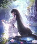  1girl absurdly_long_hair ass black_hair breasts dress dress_lift flower from_behind hair_ornament hisakata_souji lily_(flower) lily_pad long_hair looking_back outdoors payot see-through see-through_silhouette sideboob solo very_long_hair violet_eyes wading watermark white_dress 
