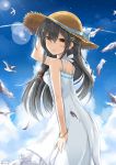  1girl arm_up artist_name bare_shoulders bird black_hair breasts brown_eyes dated dress feathers from_side hair_ornament hairclip haruna_(kantai_collection) hat kantai_collection long_hair looking_at_viewer myuton sky straw_hat sundress 