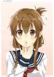  1girl blush brown_eyes brown_hair finger_to_mouth folded_ponytail highres inazuma_(kantai_collection) kantai_collection lips long_sleeves looking_at_viewer mishin_(mbmnk) neckerchief sailor_collar school_uniform serafuku solo twitter_username upper_body 