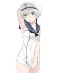  1girl arm_behind_head arm_up blue_eyes blush flying_sweatdrops fujibejifu hat kantai_collection no_nose open_mouth sailor_collar sailor_hat shirt_pull short_hair silver_hair simple_background sleeveless solo white_background z1_leberecht_maass_(kantai_collection) 