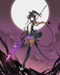  1girl black_hair breasts cleavage clouds dated full_moon lost_crusade mami_(apsaras) midriff moon official_art original pointy_ears polearm red_eyes short_hair skirt sky small_breasts solo spear thigh-highs weapon 