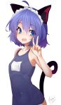 1girl 2015 ahoge animal_ears azalanz blue_eyes cat_ears cat_tail covered_navel dated eyelashes hair_between_eyes maid_headdress open_mouth original purple_hair school_swimsuit short_hair signature simple_background smile solo swimsuit tail v white_background 