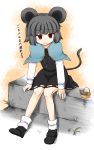  1girl animal_ears arm_support black_dress capelet dress grey_hair highres jewelry long_sleeves looking_at_another mouse mouse_ears mouse_tail nazrin pendant red_eyes shoes short_dress short_hair sitting smile solo tail touhou translation_request zetsumame 