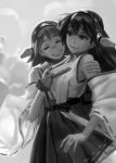  2girls arm_around_shoulder closed_eyes detached_sleeves doyora greyscale haruna_(kantai_collection) headgear hiei_(kantai_collection) kantai_collection monochrome multiple_girls nontraditional_miko sketch smile 