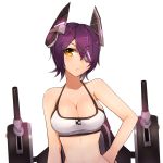  1girl bare_shoulders bikini breasts cleavage contrapposto eyepatch furrowed_eyebrows headgear hi-inu highres kantai_collection looking_at_viewer machinery purple_hair short_hair simple_background solo swimsuit tenryuu_(kantai_collection) upper_body white_background white_bikini white_swimsuit yellow_eyes 