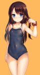  1girl bare_shoulders blue_eyes blush breasts brown_hair character_request copyright_request long_hair looking_at_viewer mokyu_(kukoudesu) one-piece_swimsuit scrunchie simple_background solo swimsuit 