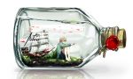  1boy air_bubble blonde_hair blue_eyes bottle canarinu fish highres in_bottle in_container neckerchief original profile reaching sailor_collar ship ship_in_a_bottle shorts sitting smile solo submerged water 