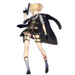  1girl blonde_hair dual_wielding full_body girls_frontline gloves green_eyes holster jacket_on_shoulders military military_uniform necktie official_art parted_lips short_twintails skirt thigh_holster transparent_background trigger_discipline twintails uniform welrod welrod_mk2_(girls_frontline) 