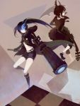  2girls arm_cannon asllence black_hair black_rock_shooter black_rock_shooter_(character) blue_eyes boots coat dead_master glowing glowing_eyes green_eyes highres horns midriff multiple_girls scar scythe shorts sword twintails weapon 