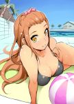  1girl aihara_miu ball bare_shoulders beachball breasts brown_eyes brown_hair cleavage highres long_hair looking_at_viewer nac000 o-ring_bottom pool smile solo tokyo_7th_sisters 