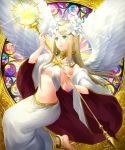  1girl angel_wings anklet barefoot breasts brown_hair cape cleavage earrings greek_mythology green_eyes head_wreath headband hera jewelry midriff navel original shingoku_no_valhalla_gate solo staff stained_glass tette white_clothes wings 