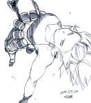  1girl breasts explosive gloves grenade incoming_attack jumping king_of_fighters large_breasts leona_heidern long_hair sketch sleeveless solo tank_top tsukudani_(coke-buta) upside-down 