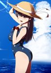  1girl black_hair brown_eyes hat kantai_collection kato_(artist) long_hair one-piece_swimsuit sun_hat swimsuit ushio_(kantai_collection) 