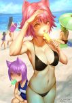  4girls animal_ears ariverkao ass back bag beach bikini black_bikini blanket breasts cat_ears cleavage collarbone crowd dated green_hair lake large_breasts long_hair mouth_hold multiple_girls navel original parasol popsicle purple_hair red_eyes redhead school_swimsuit short_hair signature summer swimsuit umbrella very_long_hair 