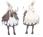  1girl asllence bird birdcage blue_eyes cage cape character_sheet dress expressionless high_heels highres long_hair object_on_head pixiv_fantasia pixiv_fantasia_t pointy_ears very_long_hair wavy_hair white_hair wide_sleeves 