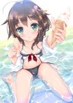  1girl bare_thighs barefoot blush breasts brown_hair cleavage food fukuda_shuushi green_eyes hair_ornament highres ice_cream ice_cream_cone kantai_collection looking_at_viewer open_clothes open_shirt shigure_(kantai_collection) shirt short_hair sitting smile solo swimsuit wariza 