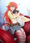  1boy 1girl :d black_hair blank_eyes blood blush boxers_removed breast_press breasts draw-till-death fang hair_ornament hairclip heart hetero highres hug kurusu_kimihito lamia long_hair miia_(monster_musume) monster_girl monster_musume_no_iru_nichijou navel nosebleed one_eye_closed open_mouth pointy_ears redhead scales shirt short_hair skirt slit_pupils smile tied_shirt yellow_eyes 