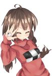  1girl :&lt; arm_up braid brown_eyes brown_hair closed_eyes eyeball hands highres long_hair madotsuki simple_background solo sweater twin_braids twintails white_background yume_nikki 
