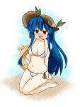  1girl :d alternate_costume arm_at_side beach bikini blue_hair blush breasts food fruit hair_between_eyes hat hinanawi_tenshi long_hair looking_at_viewer midriff navel ocean open_mouth peach red_eyes sitting smile straw_hat swimsuit touhou white_bikini white_swimsuit zetsumame 