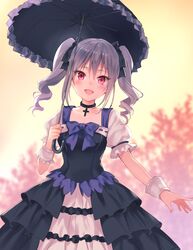  1girl :d cross drill_hair fukahire_sanba gothic_lolita idolmaster idolmaster_cinderella_girls kanzaki_ranko lolita_fashion long_hair open_mouth parasol puffy_short_sleeves puffy_sleeves red_eyes ribbon-trimmed_clothes ribbon_trim short_sleeves silver_hair smile solo twin_drills twintails umbrella 