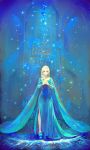  1girl absurdres asllence blonde_hair blue_dress braid dress elsa_(frozen) frozen_(disney) full_body hands_on_own_chest highres long_hair looking_at_viewer smile solo standing 