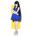  1girl black_hair blue_dress blue_eyes casual chris_re5 crossed_ankles dress eyebrows full_body hair_over_shoulder highres holding_arm jitome kill_la_kill kiryuuin_satsuki long_hair looking_at_viewer pumps shoes signature simple_background solo standing thick_eyebrows white_shoes 
