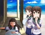  3girls ame. blue_skirt brown_hair closed_eyes closed_mouth commentary_request finger_to_mouth fubuki_(kantai_collection) hatsuyuki_(kantai_collection) kantai_collection long_hair low_ponytail lying multiple_girls neckerchief on_back pleated_skirt ponytail sailor_collar school_uniform serafuku shirayuki_(kantai_collection) short_hair short_sleeves skirt sleeping smile 